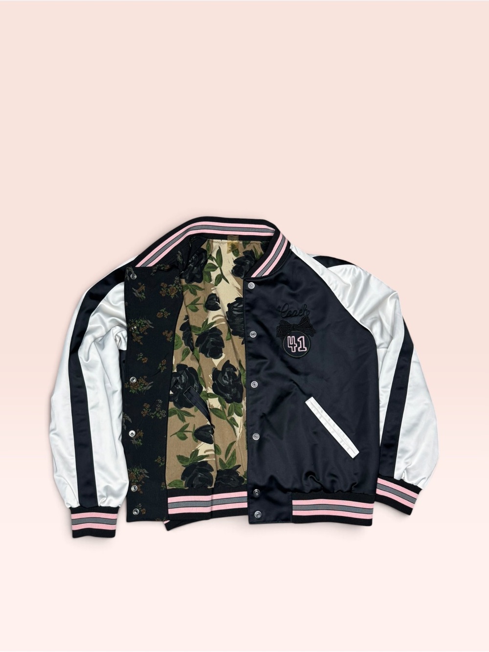 Coach Reversible Satin Varsity Bomber Jacket Floral Rose Pink Black Size Large